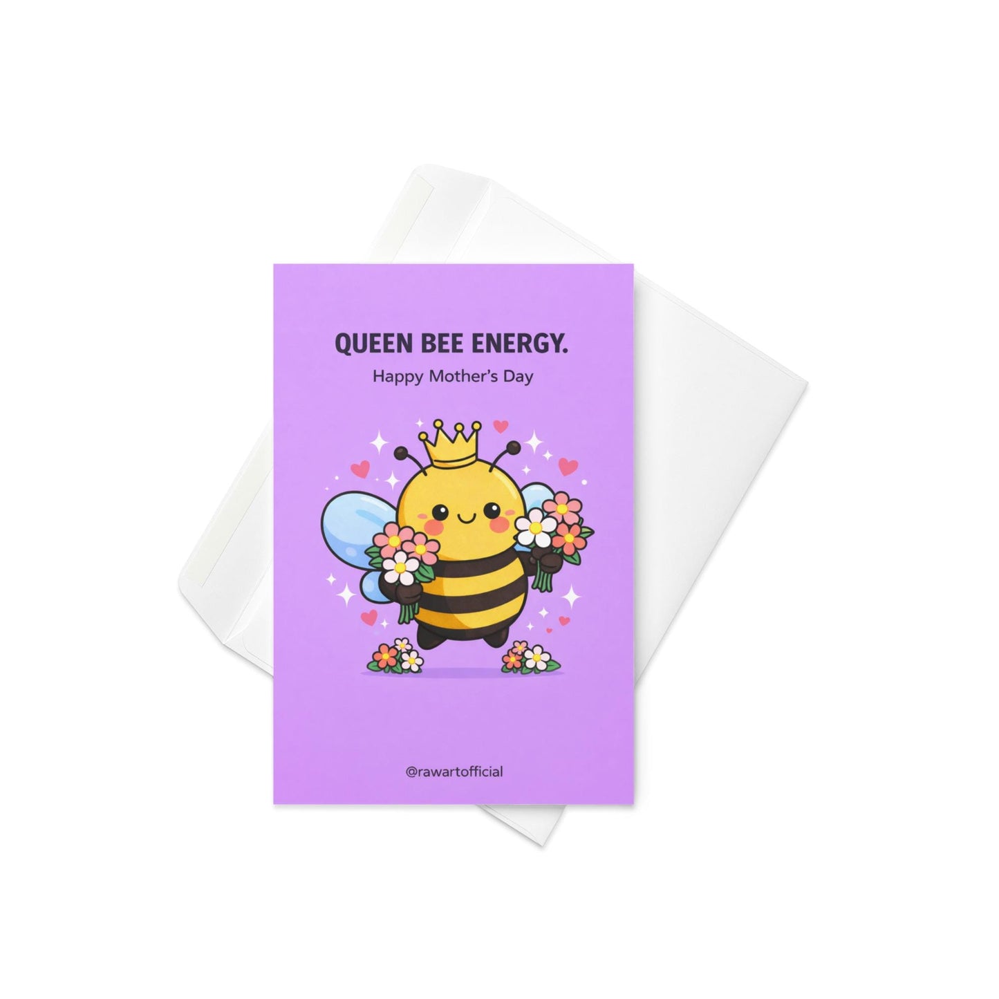 mother’s day card with crowned bee holding flowers on purple background queen bee energy mom illustration