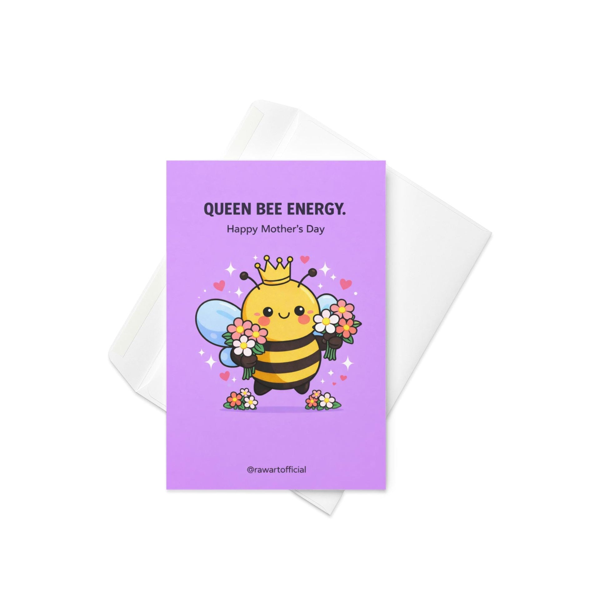 mother’s day card with crowned bee holding flowers on purple background queen bee energy mom illustration
