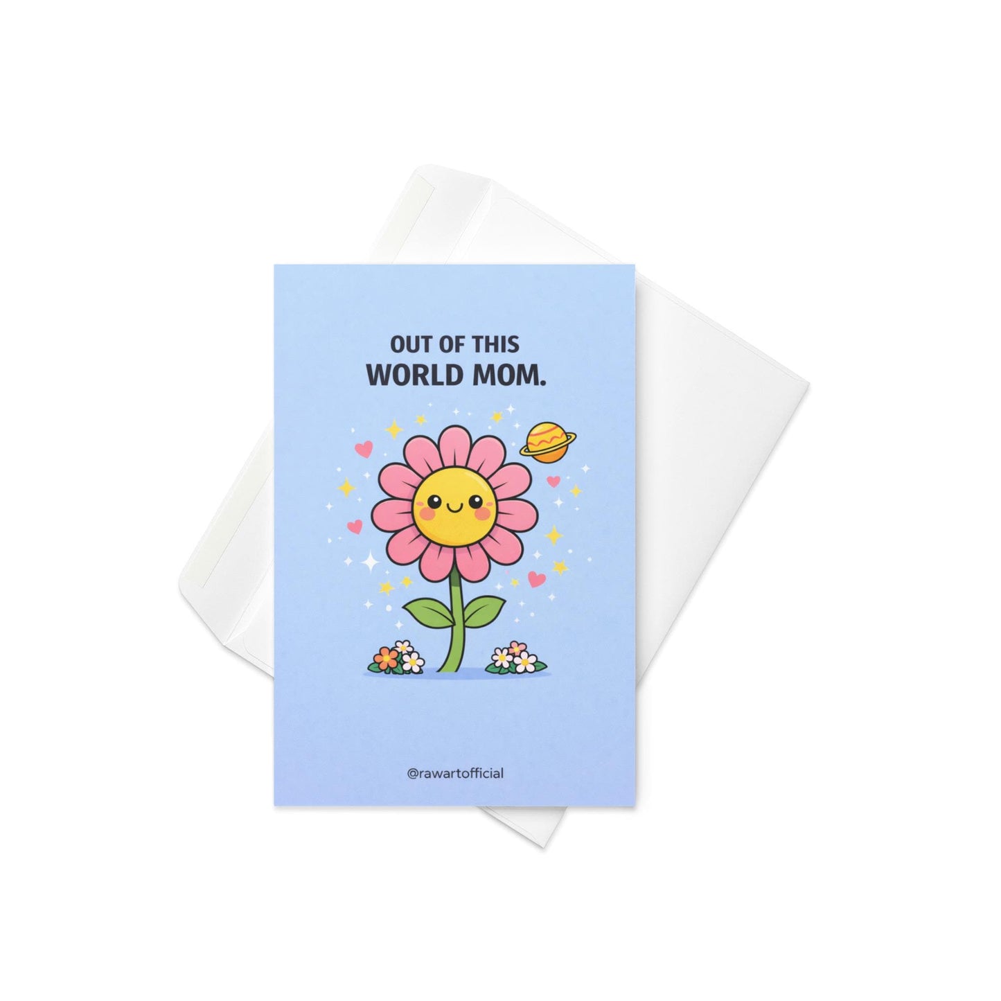mother’s day card with smiling pink flower character surrounded by stars hearts and planet on blue background out of this world mom design