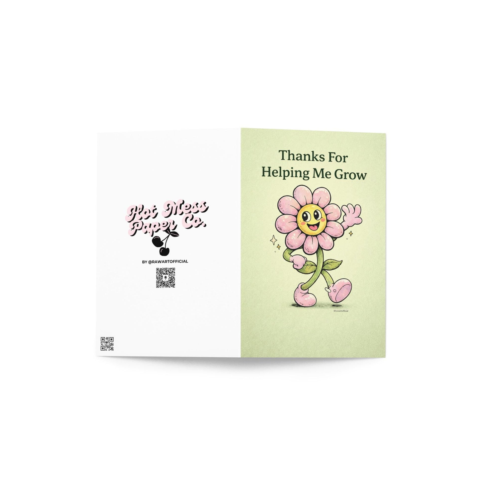 mother’s day card featuring smiling pink flower character waving with text thanks for helping me grow on soft green background spring appreciation card