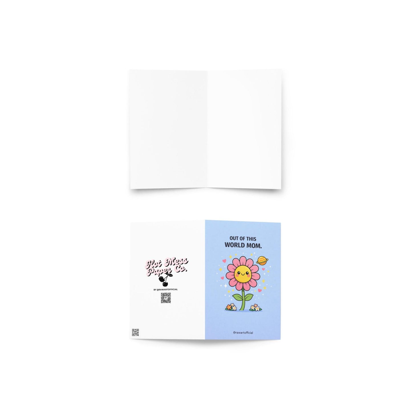 mother’s day card with smiling pink flower character surrounded by stars hearts and planet on blue background out of this world mom design