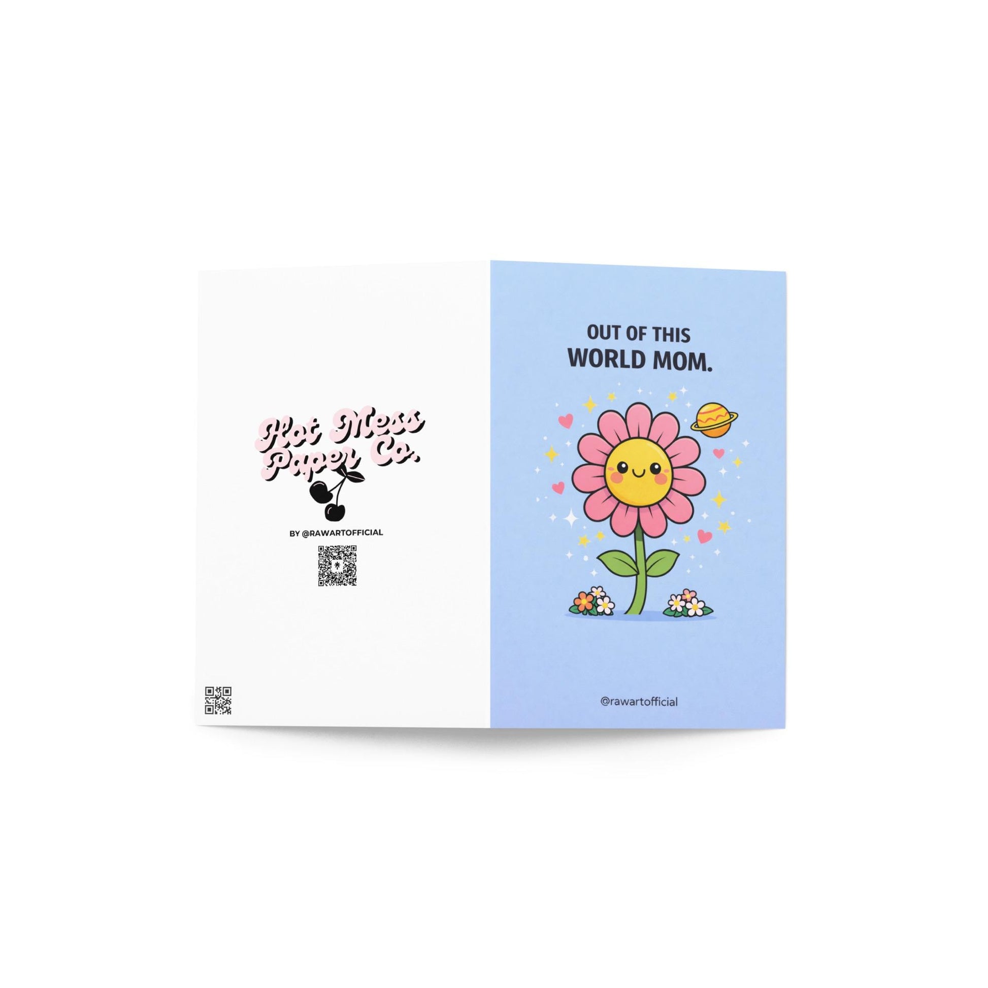 mother’s day card with smiling pink flower character surrounded by stars hearts and planet on blue background out of this world mom design