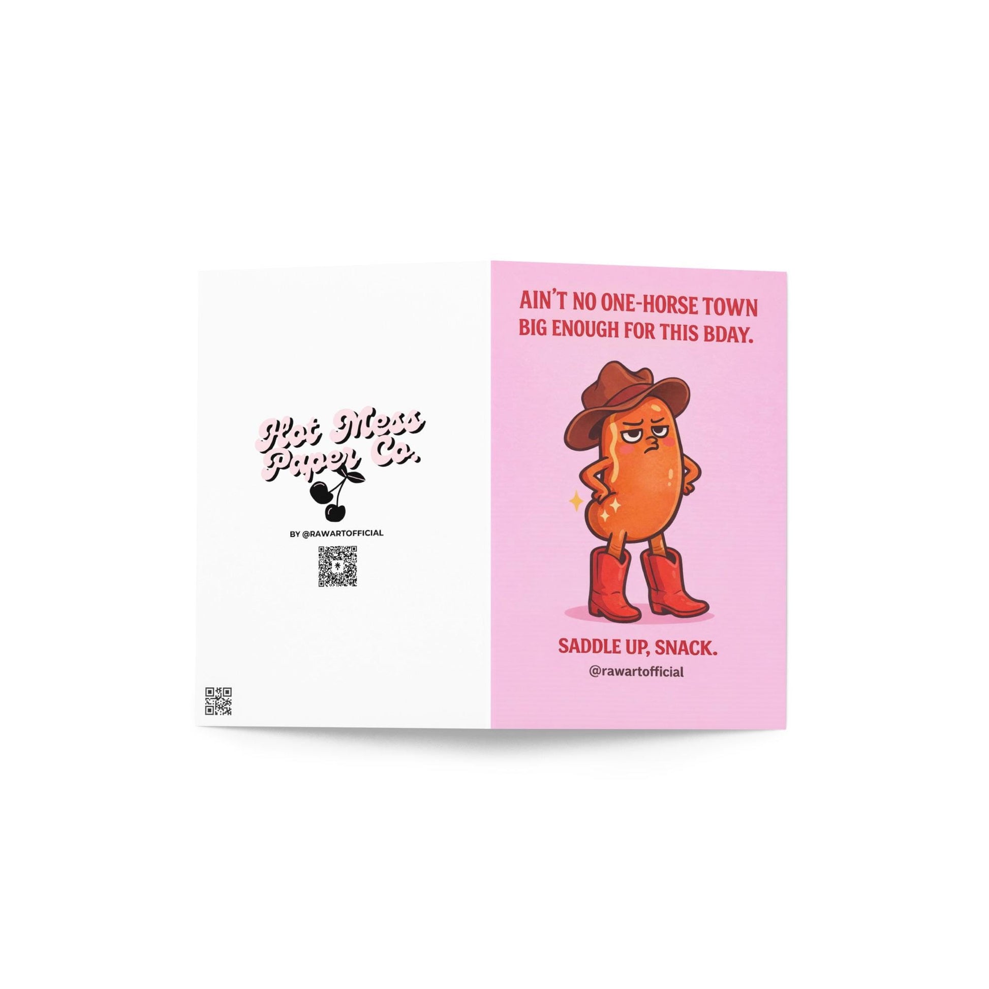 funny birthday card featuring a cowboy bean wearing boots on a pink background western food pun illustration