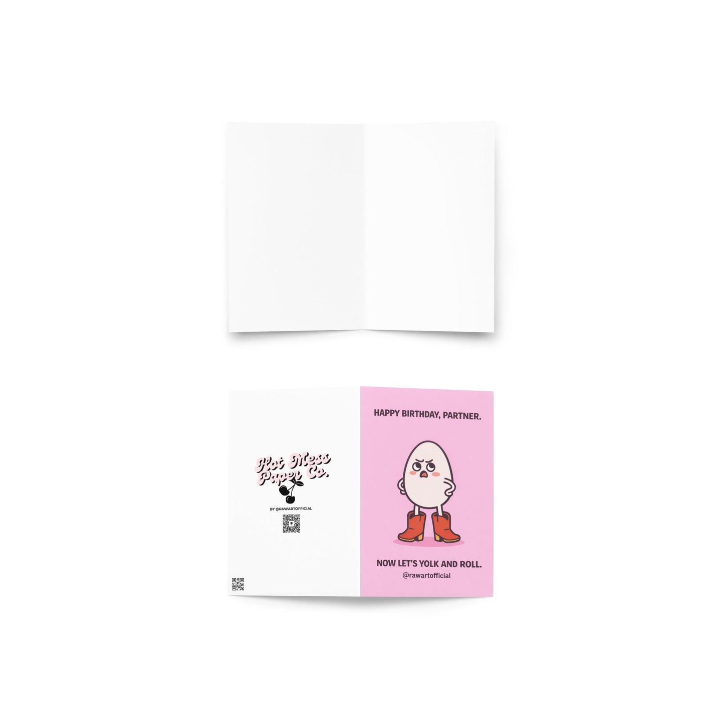 funny birthday card with an egg wearing cowboy boots on a pink background partner birthday food pun illustration