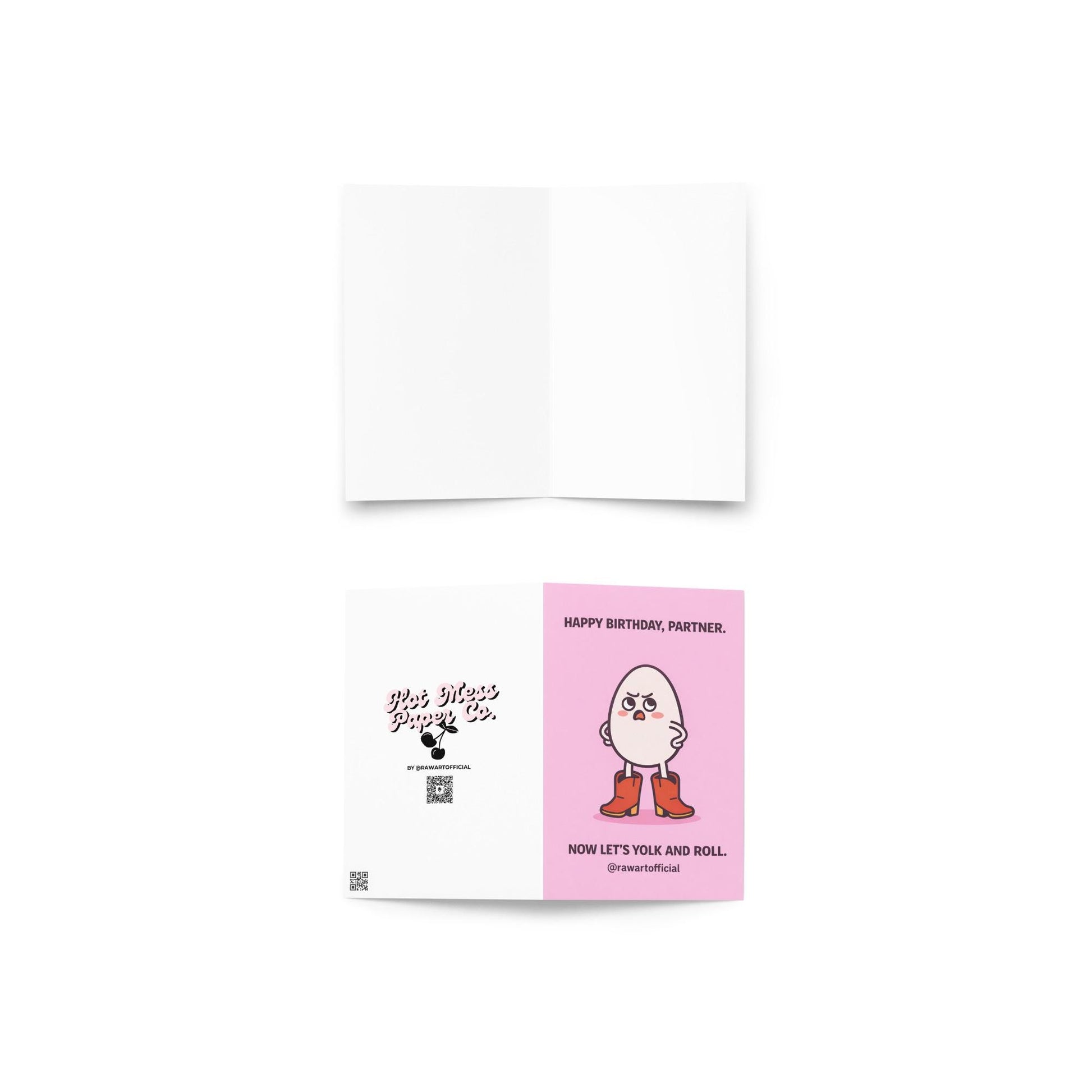 funny birthday card with an egg wearing cowboy boots on a pink background partner birthday food pun illustration