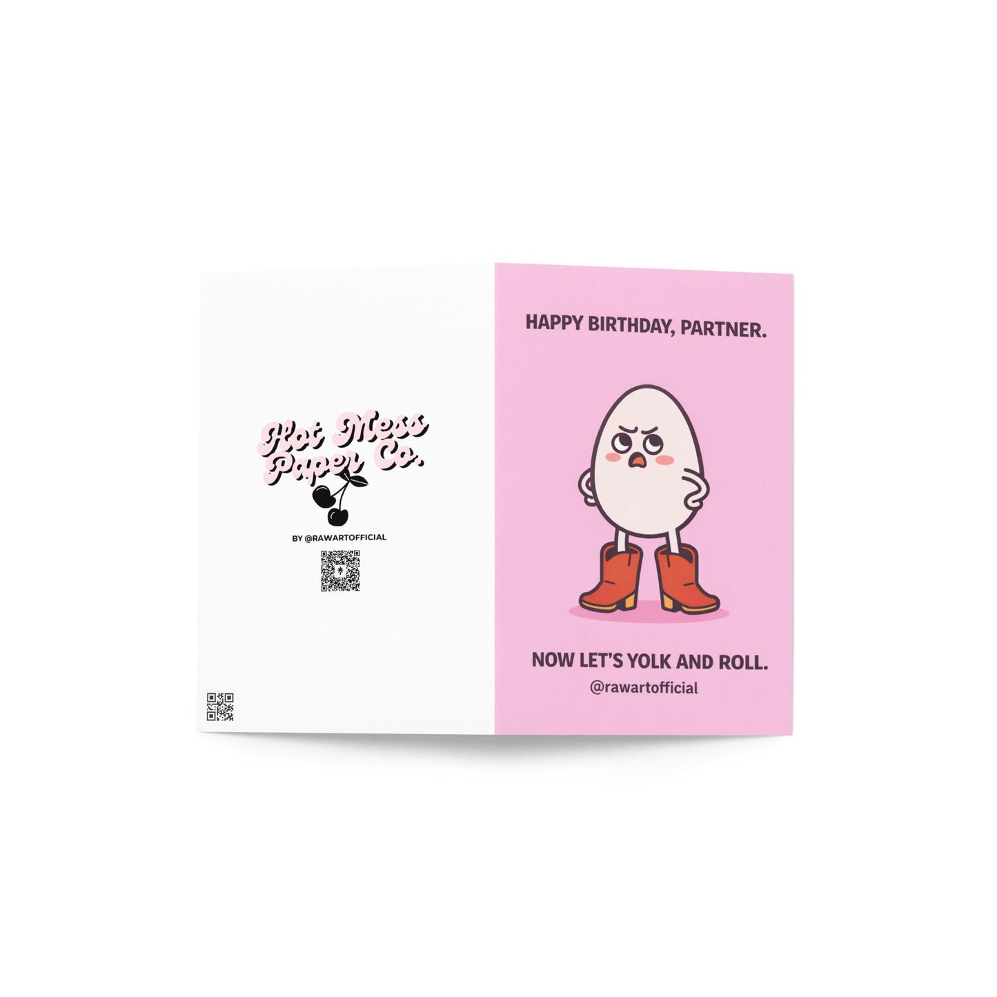 funny birthday card with an egg wearing cowboy boots on a pink background partner birthday food pun illustration