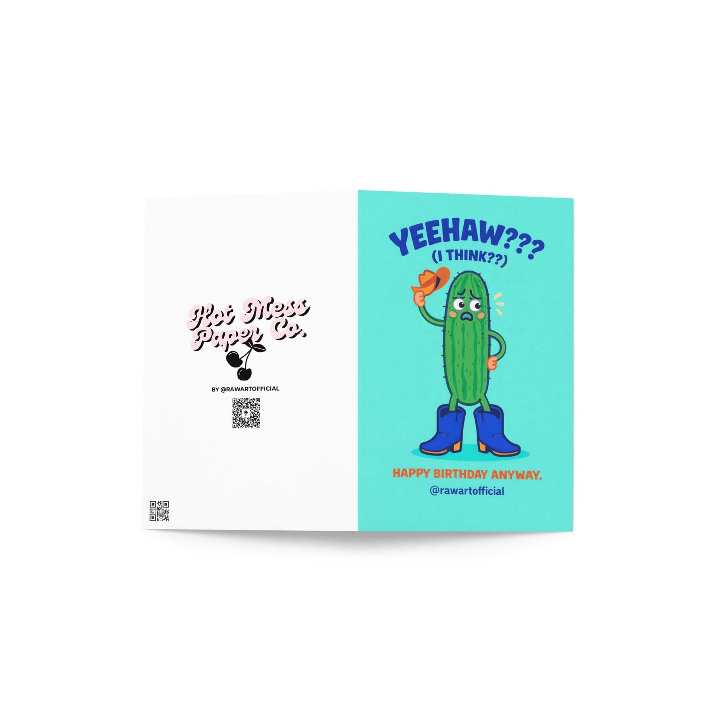 funny birthday card with nervous cactus wearing cowboy boots tipping a hat yeehaw awkward birthday illustration