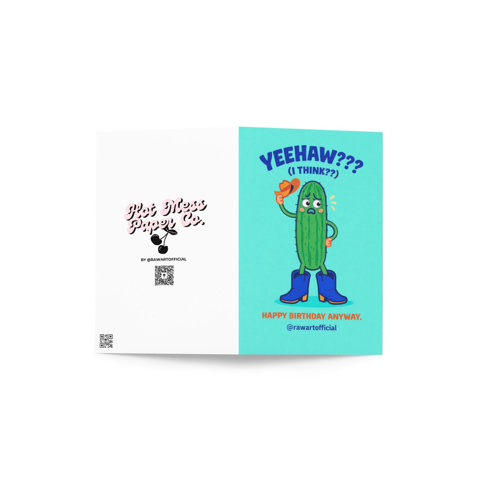 funny birthday card with nervous cactus wearing cowboy boots tipping a hat yeehaw awkward birthday illustration
