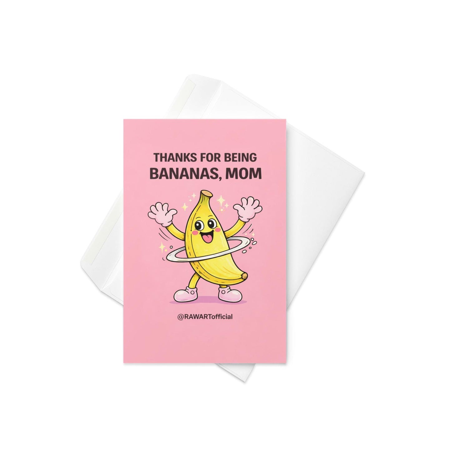 funny mother’s day card with smiling banana character spinning on pink background thanks for being bananas mom illustration