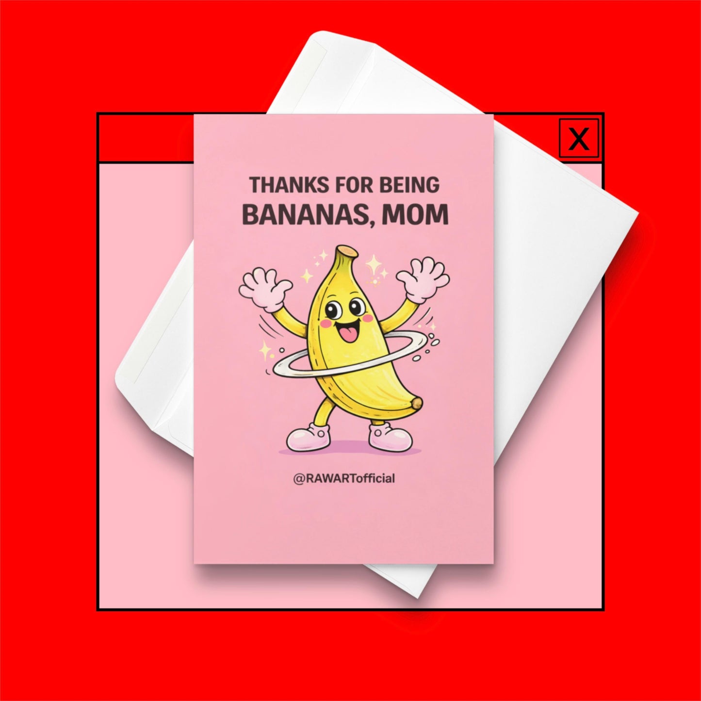 funny mother’s day card with smiling banana character spinning on pink background thanks for being bananas mom illustration