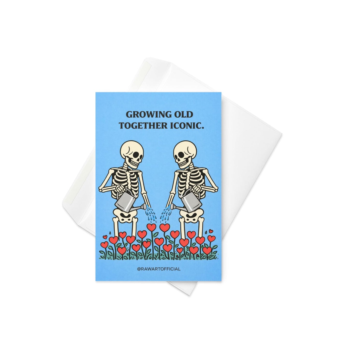 funny anniversary card with two skeletons watering heart flowers on blue background growing old together iconic illustration