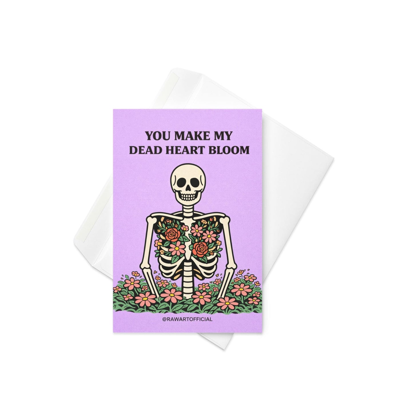 skeleton with flowers blooming from chest spooky spring anniversary card purple background illustration