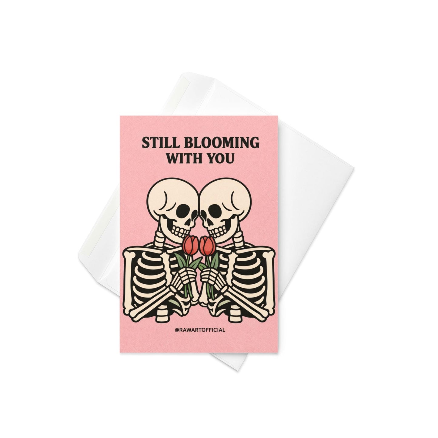 skeleton couple holding tulips spooky spring anniversary card pink background illustration