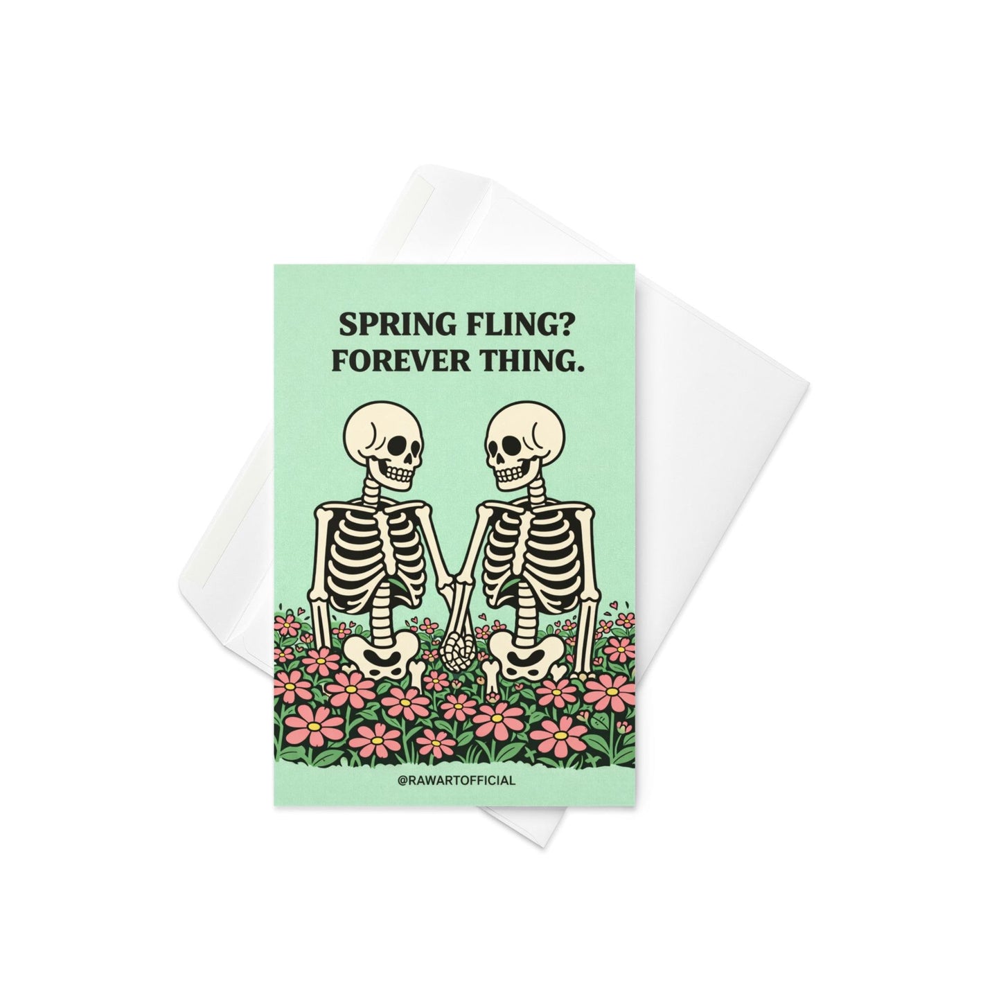 skeleton couple holding hands in flowers spring spooky anniversary card illustration