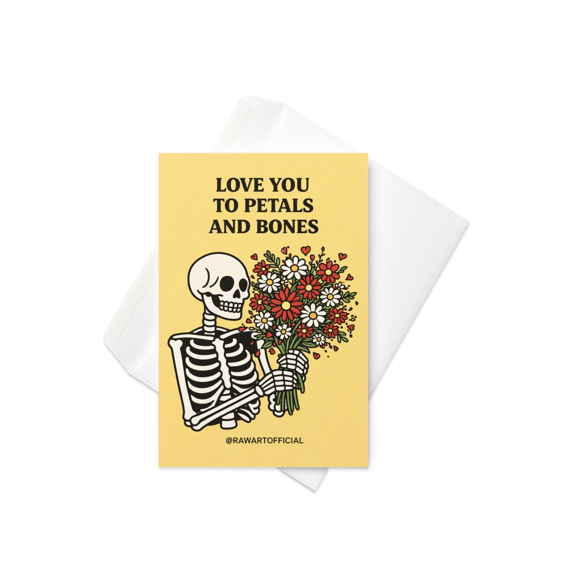 skeleton holding flower bouquet spooky spring anniversary card gothic love illustration