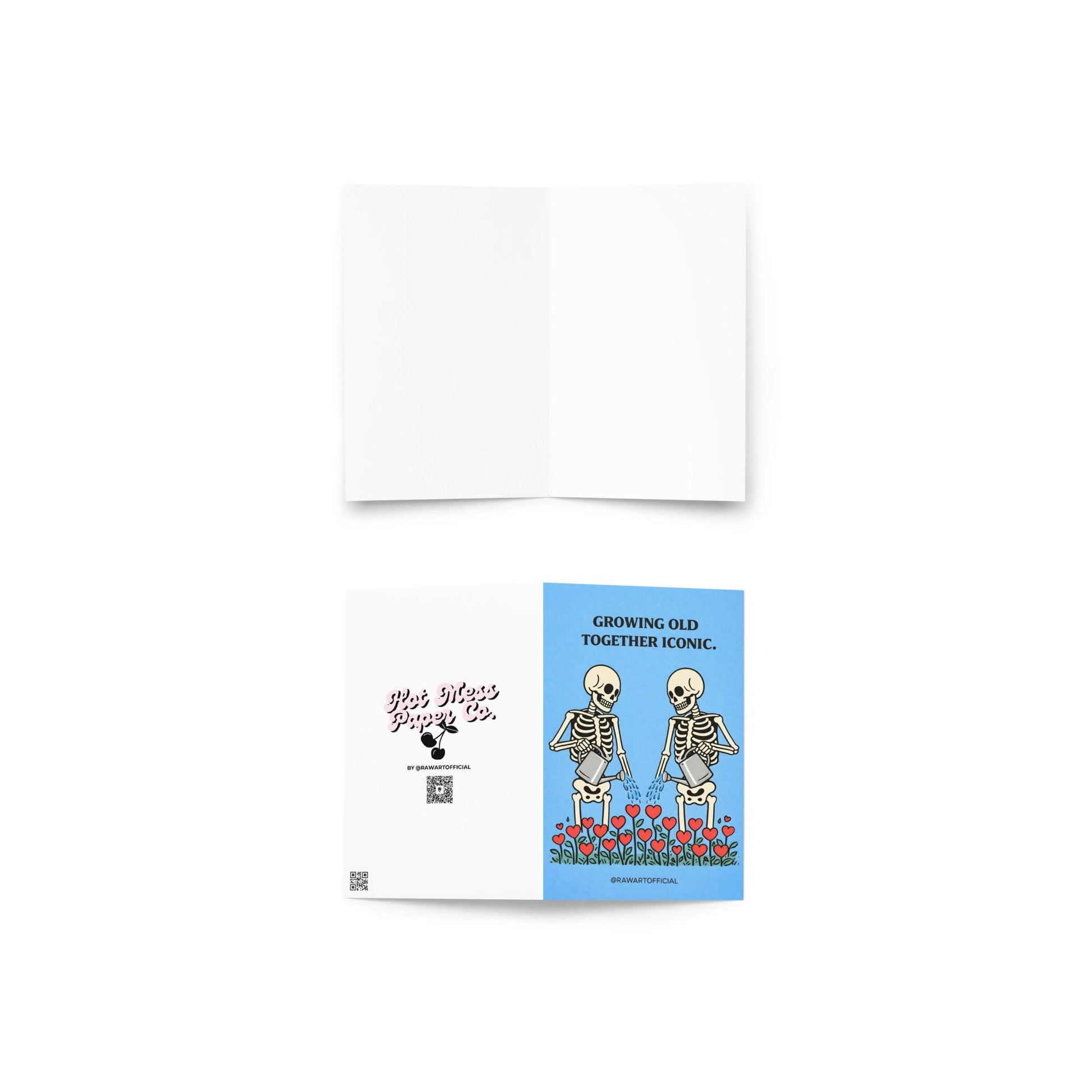 funny anniversary card with two skeletons watering heart flowers on blue background growing old together iconic illustration