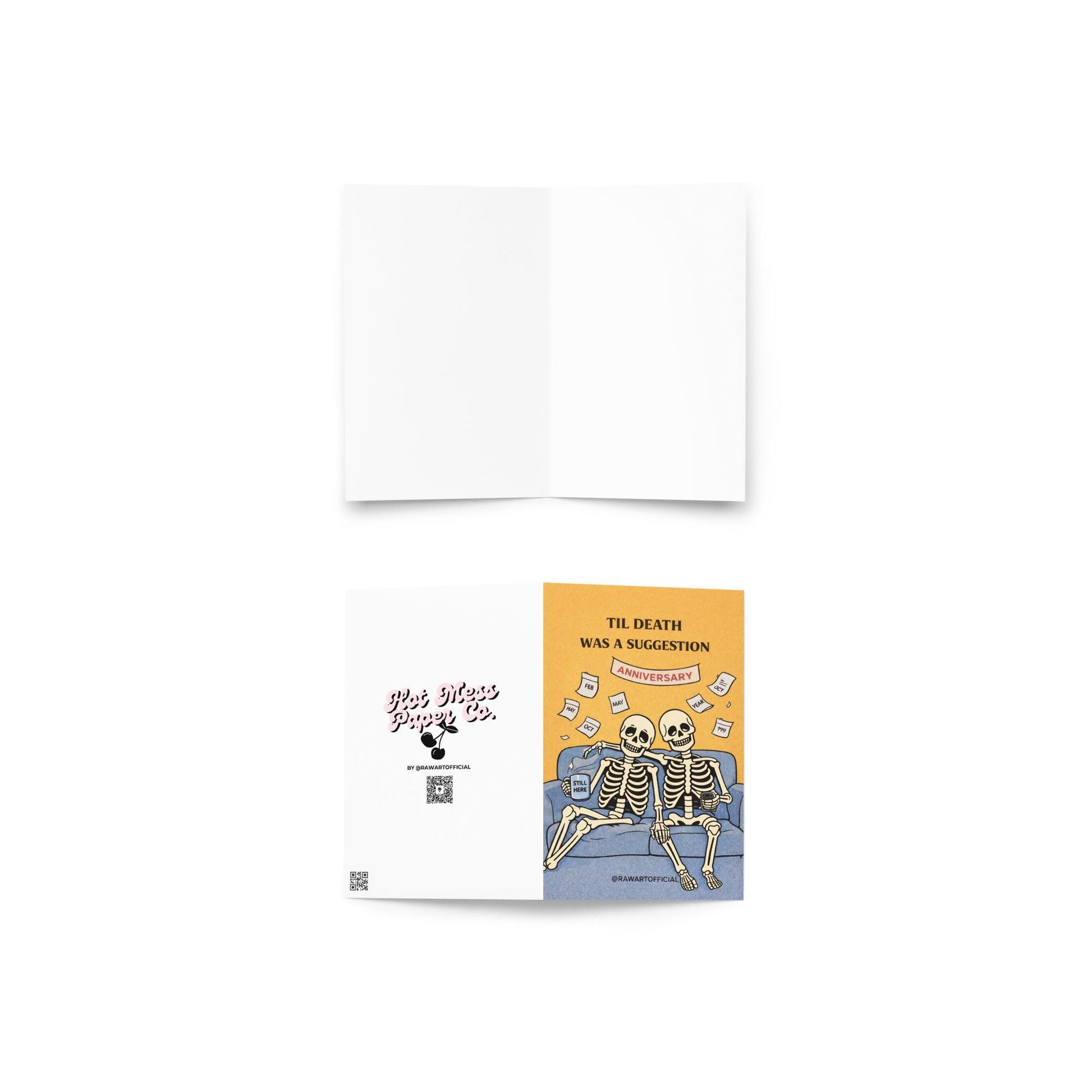 funny skeleton anniversary card with couple on couch spooky dark humor love illustration