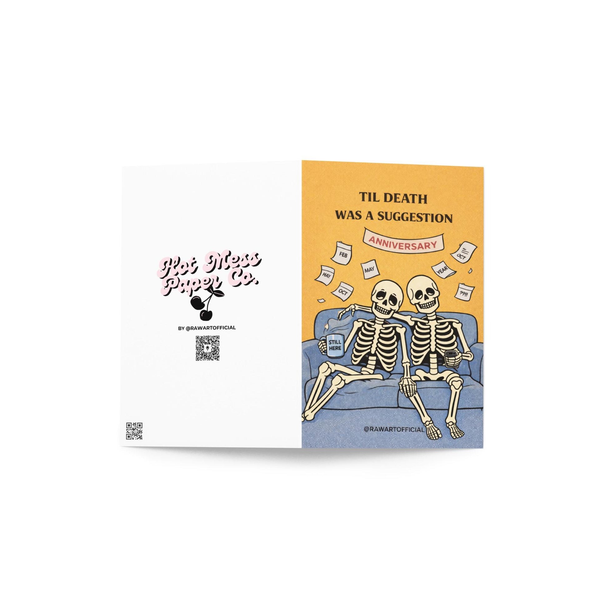 funny skeleton anniversary card with couple on couch spooky dark humor love illustration