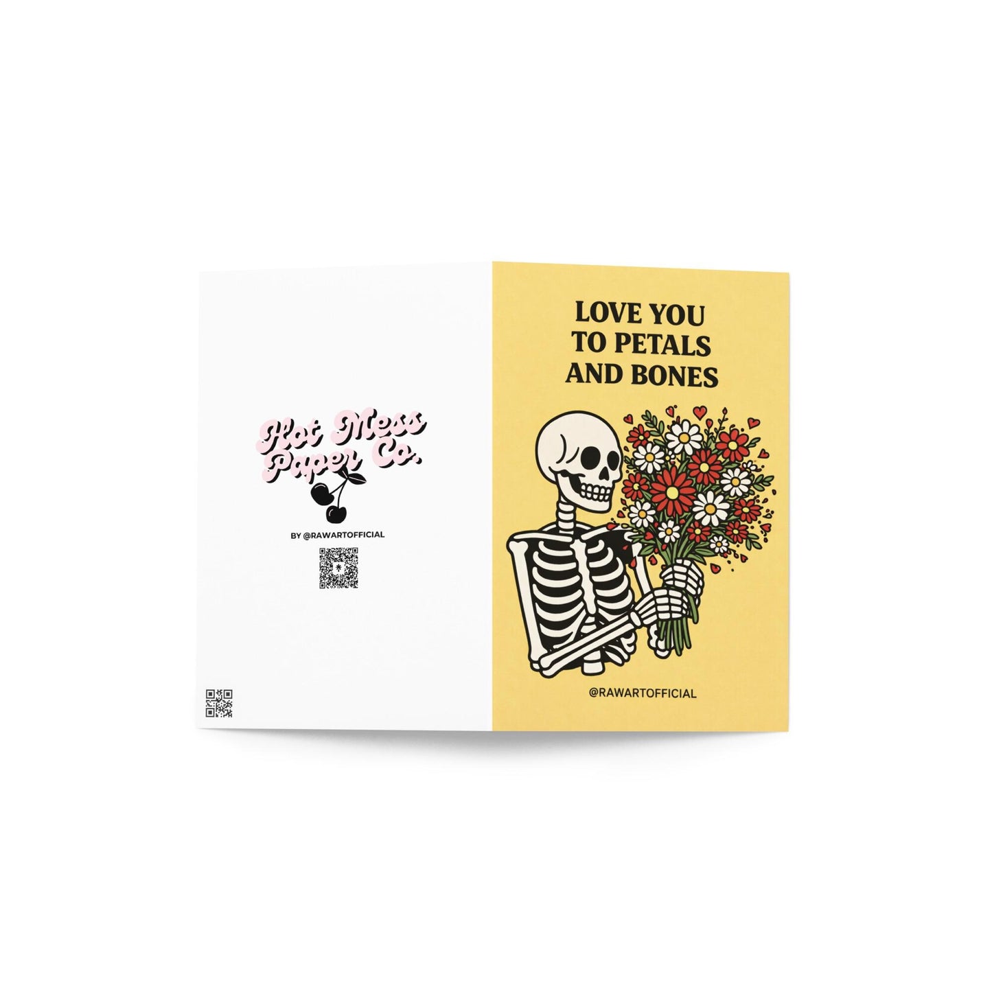skeleton holding flower bouquet spooky spring anniversary card gothic love illustration