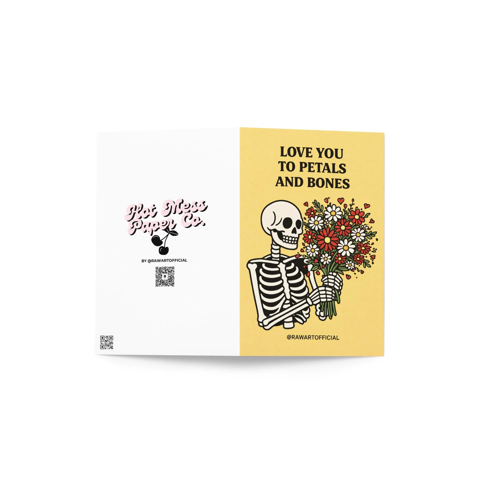 skeleton holding flower bouquet spooky spring anniversary card gothic love illustration