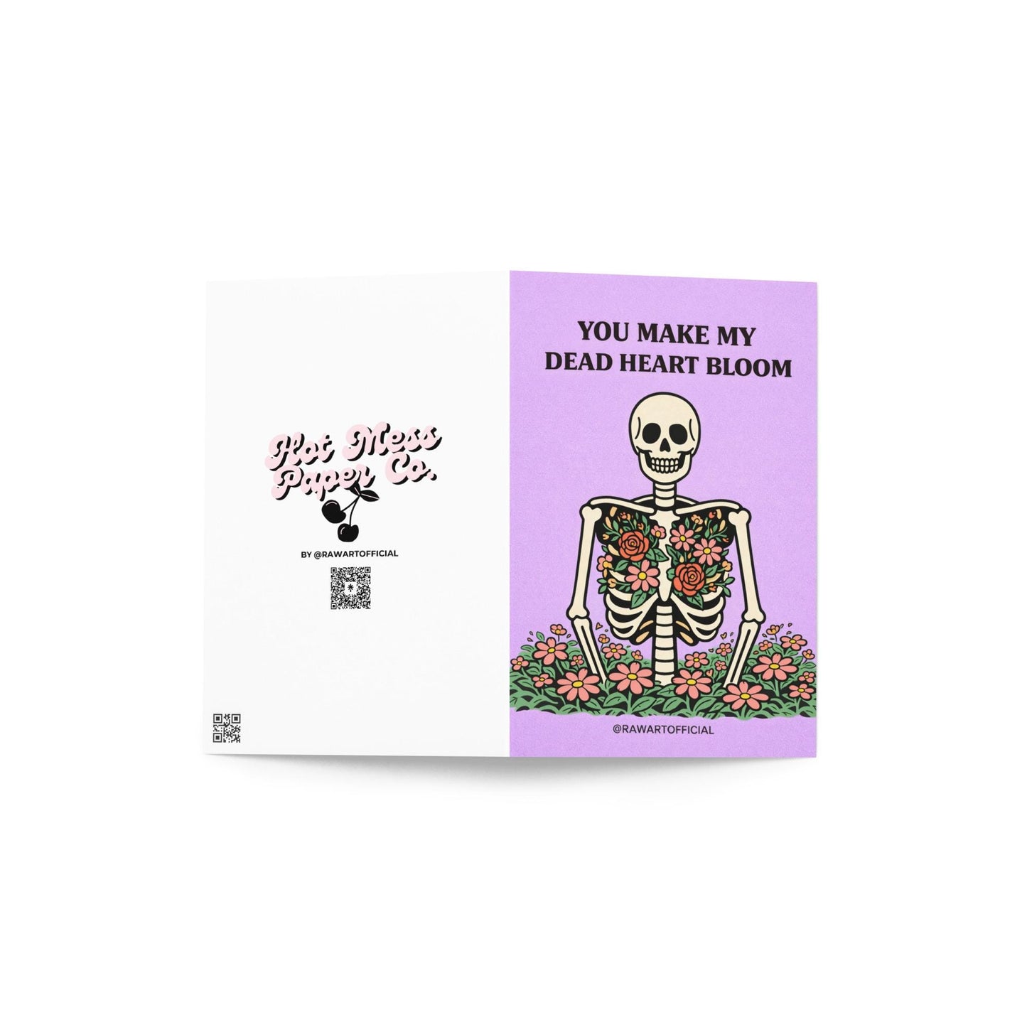 skeleton with flowers blooming from chest spooky spring anniversary card purple background illustration