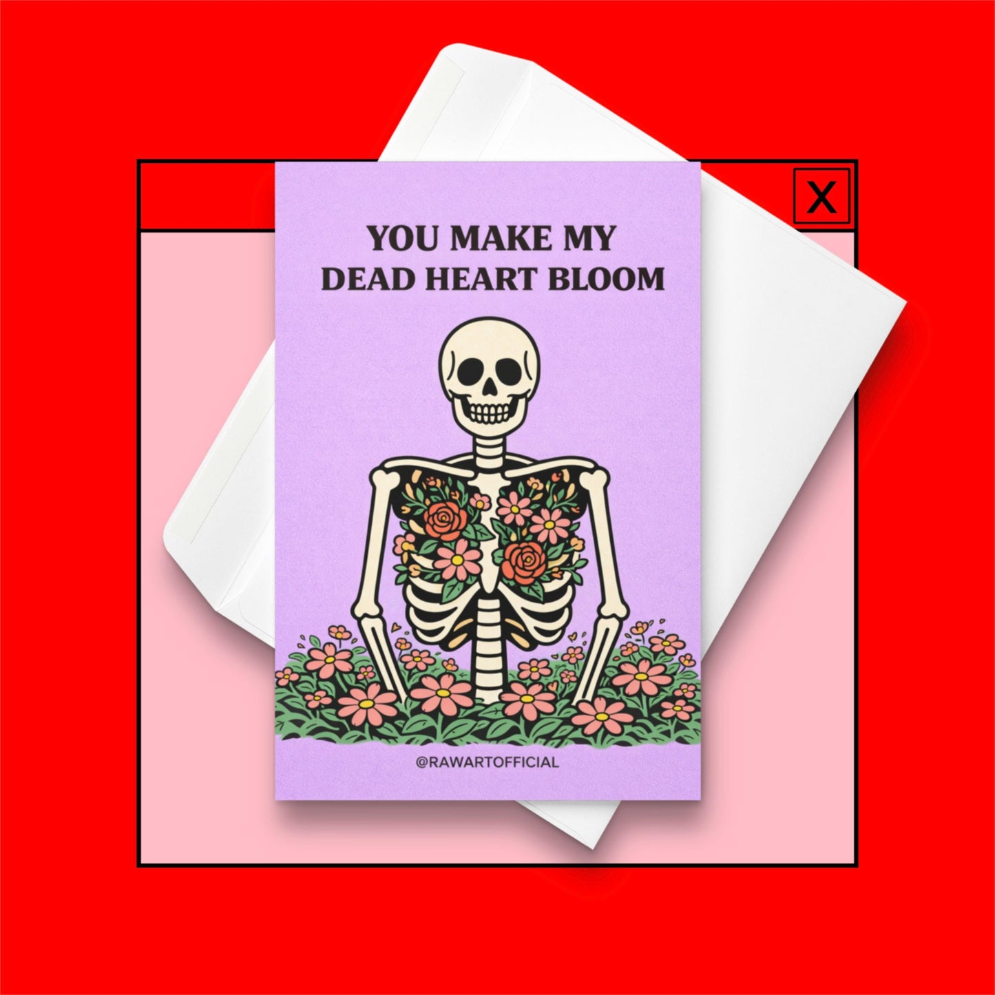 skeleton with flowers blooming from chest spooky spring anniversary card purple background illustration