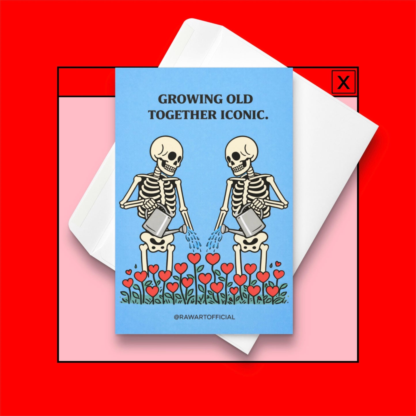 funny anniversary card with two skeletons watering heart flowers on blue background growing old together iconic illustration