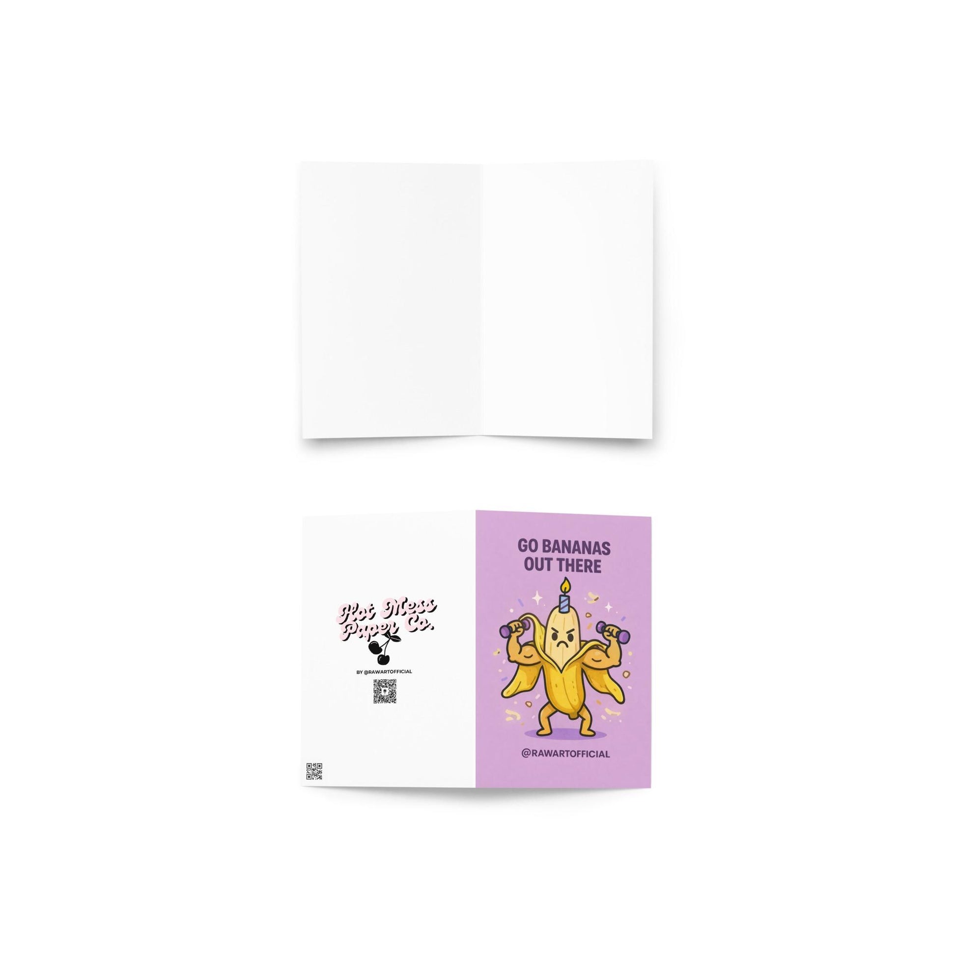 birthday card with illustrated muscular banana lifting dumbbells wearing a candle and text reading go bananas out there on purple background