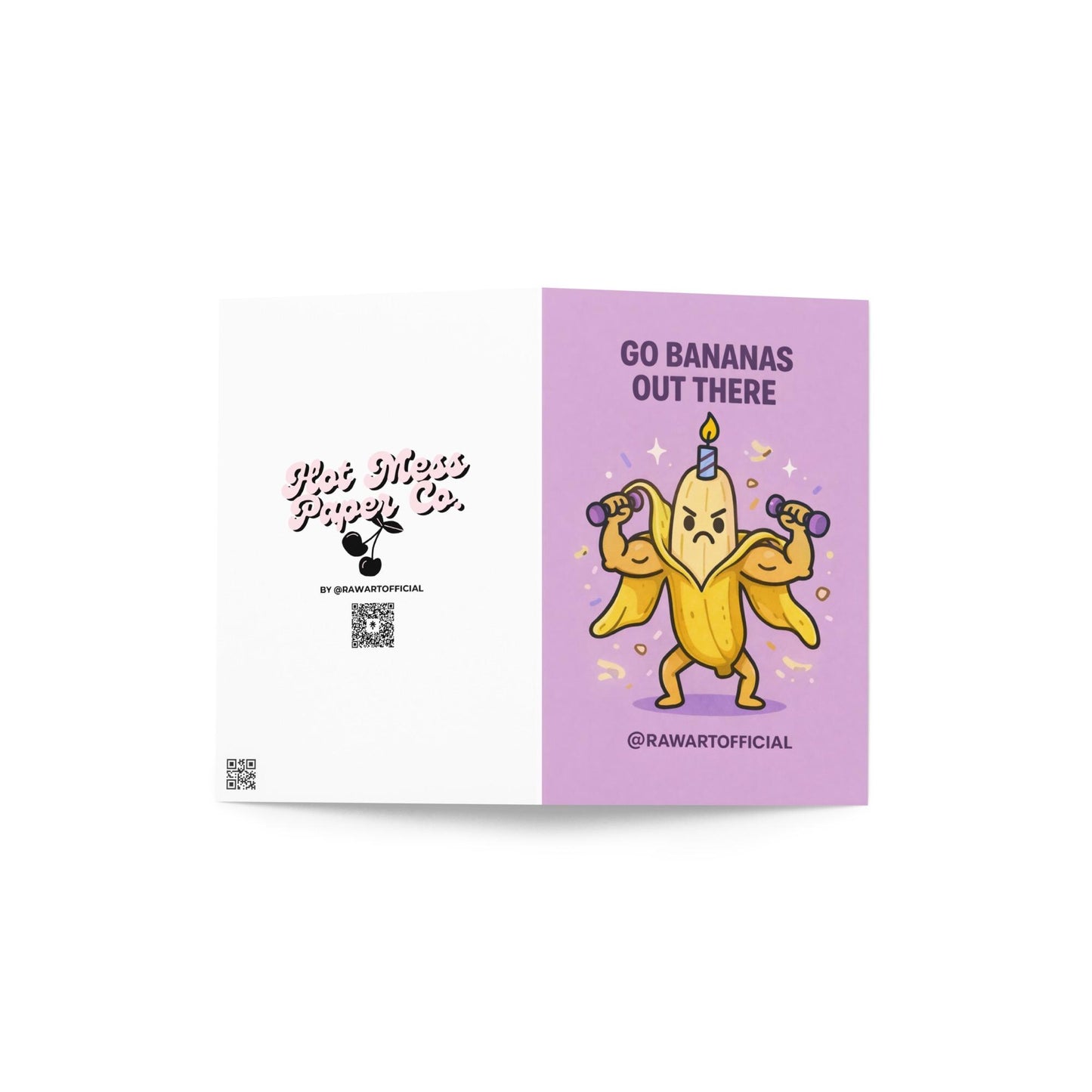 birthday card with illustrated muscular banana lifting dumbbells wearing a candle and text reading go bananas out there on purple background