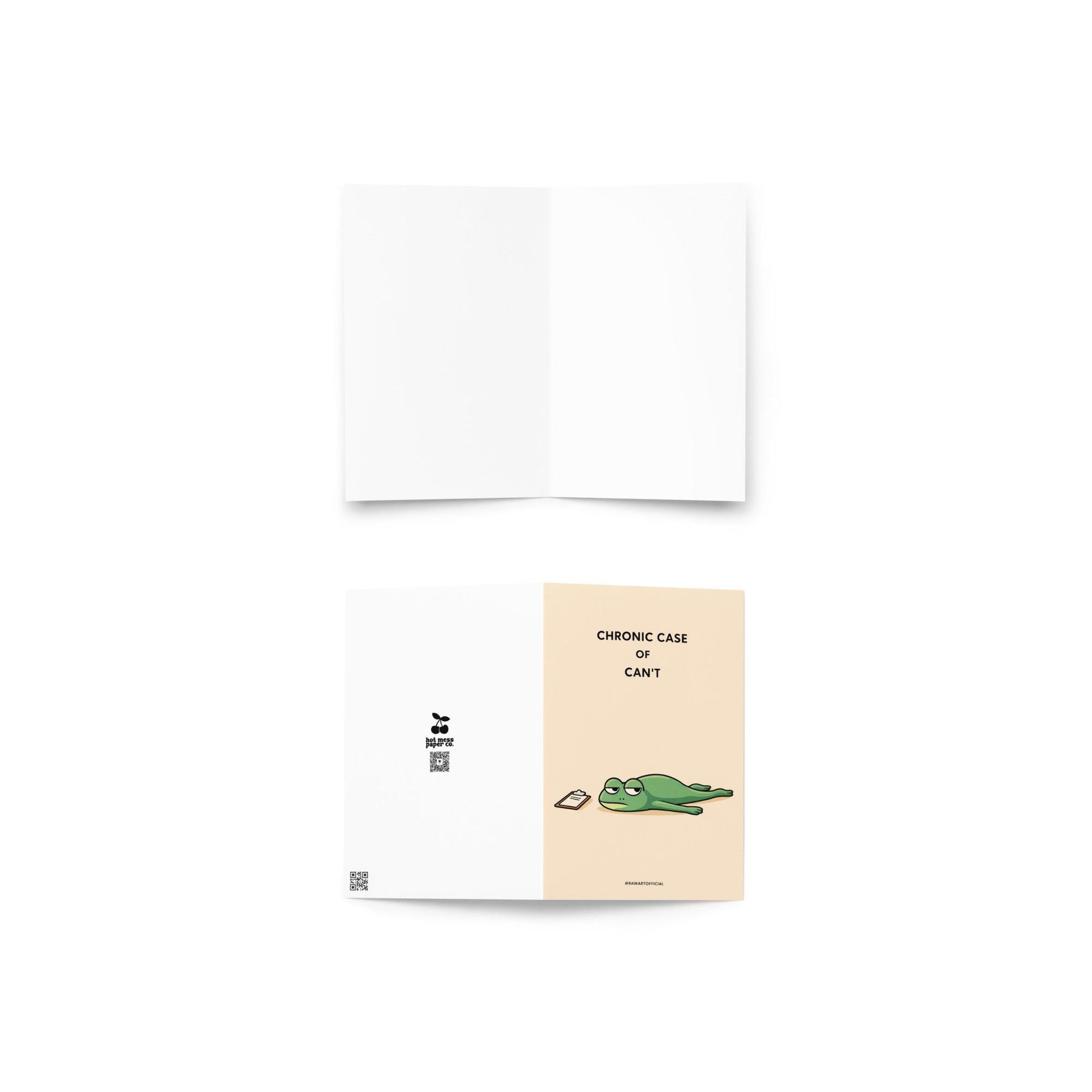 funny greeting card with tired frog laying flat and text chronic case of can’t minimalist humor card