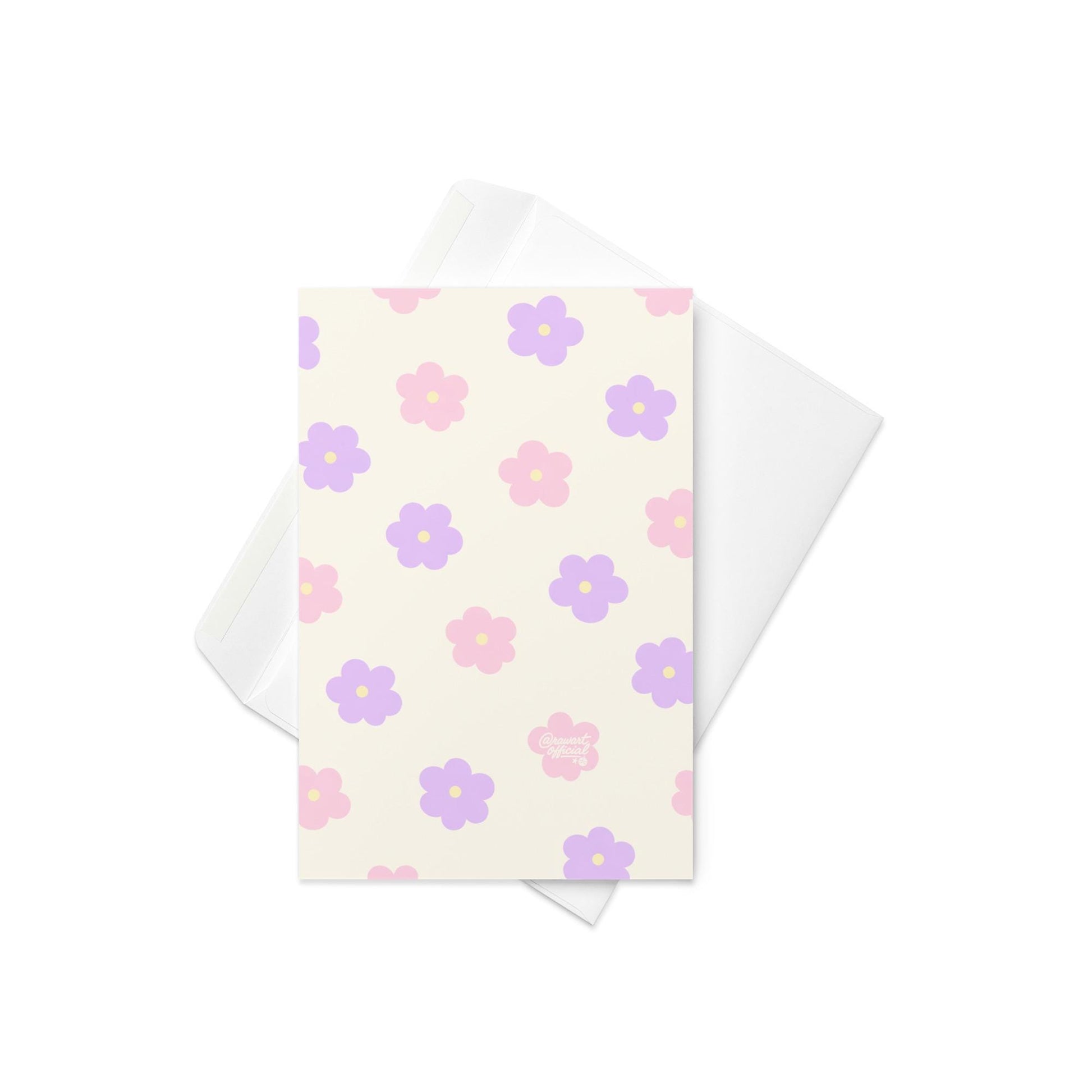 spring mother’s day greeting card with pink and purple retro flower pattern on cream background
