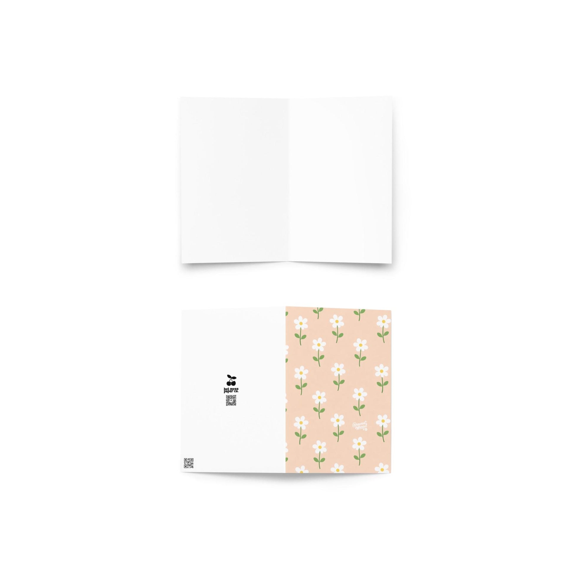 Mother’s Day greeting card featuring a soft peach background with small white daisy pattern and green stems, signed @rawartofficial.