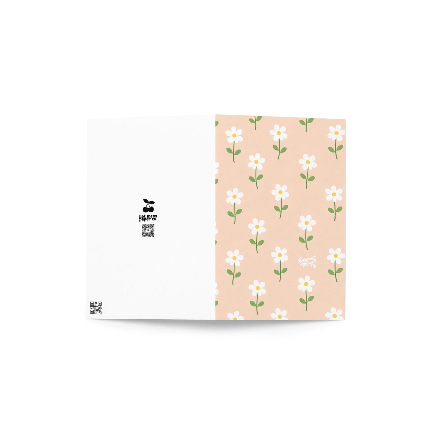 Mother’s Day greeting card featuring a soft peach background with small white daisy pattern and green stems, signed @rawartofficial.