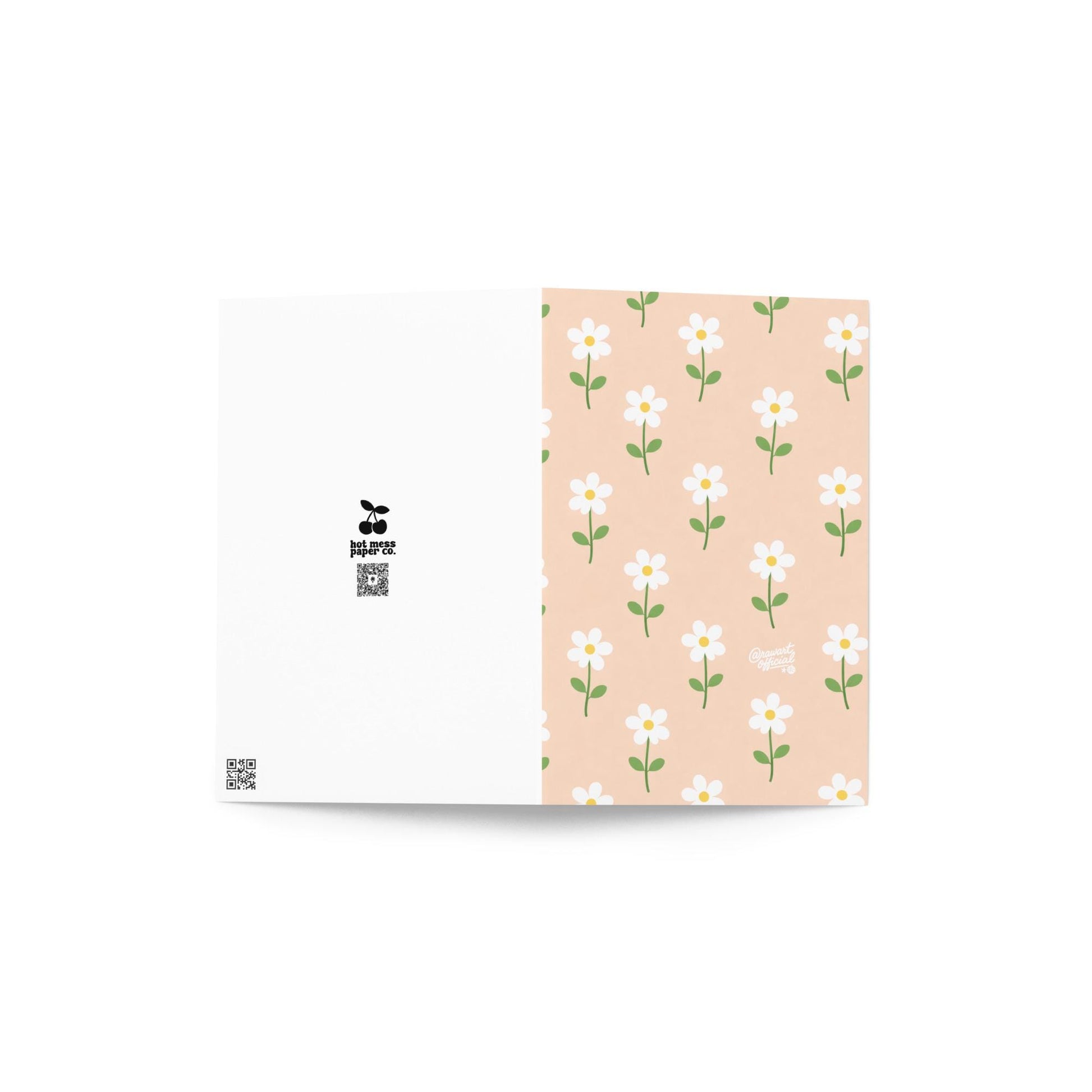 Mother’s Day greeting card featuring a soft peach background with small white daisy pattern and green stems, signed @rawartofficial.