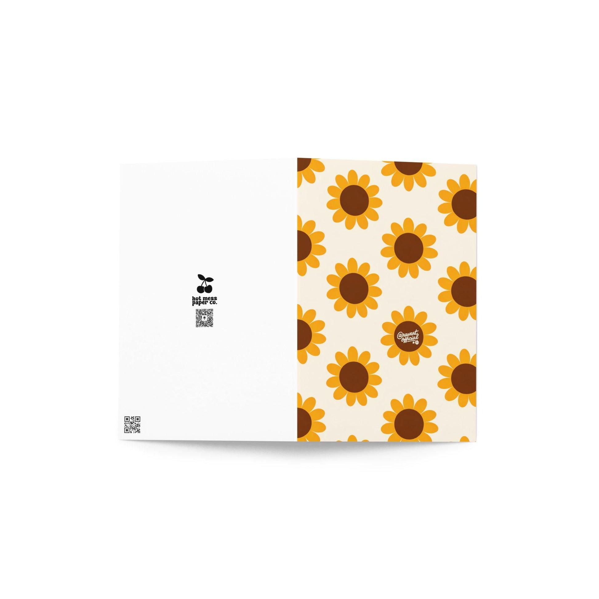 Mother’s Day greeting card featuring a bold retro sunflower pattern with mustard yellow petals and brown centers on a cream background, signed @rawartofficial.