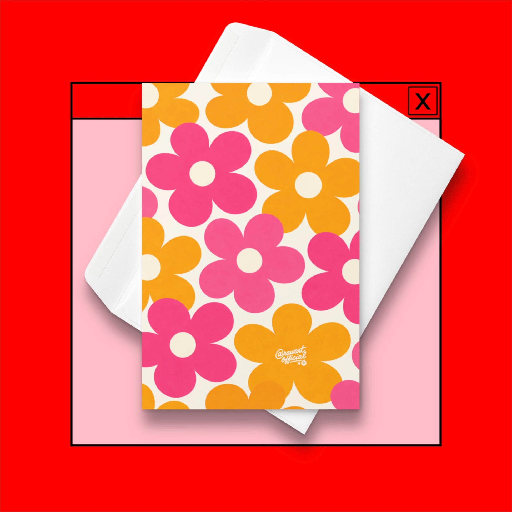 mother’s day greeting card with oversized pink and orange retro flowers on cream background