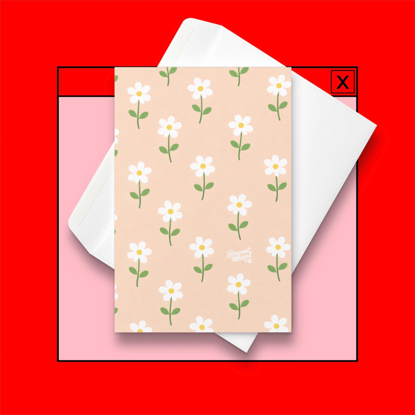 Mother’s Day greeting card featuring a soft peach background with small white daisy pattern and green stems, signed @rawartofficial.