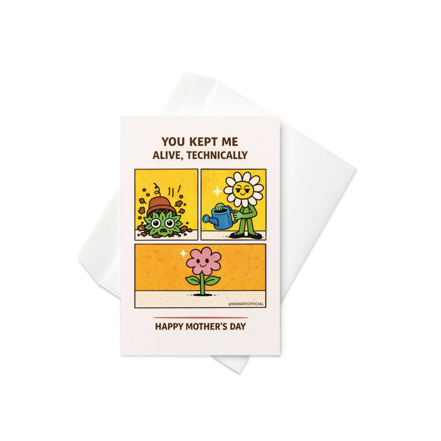 Mother’s Day card with retro comic panels showing a messy plant, a flower mom watering it, and a happy blooming flower with the text “You Kept Me Alive, Technically” and “Happy Mother’s Day.”