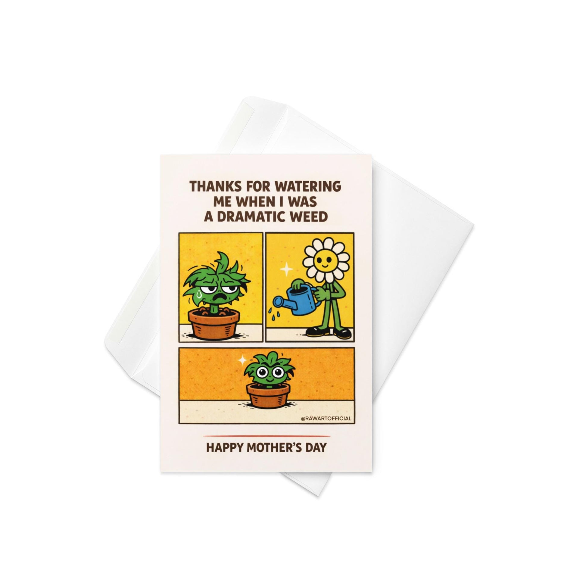 Mother’s Day card with retro comic panels showing a grumpy potted plant, a smiling flower mom watering it, and a happy thriving plant with the text “Thanks for Watering Me When I Was a Dramatic Weed” and “Happy Mother’s Day.”