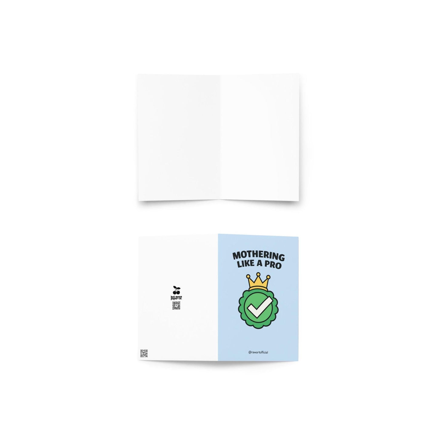 Mother’s Day card featuring a green checkmark badge with a gold crown and the text “Mothering Like a Pro” on a blue background.