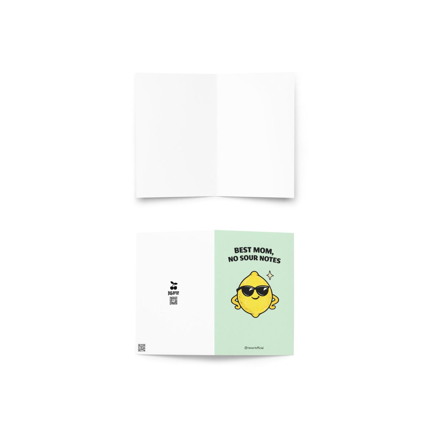 Mother’s Day card featuring a cool lemon wearing sunglasses with the text “Best Mom, No Sour Notes” on a soft green background.