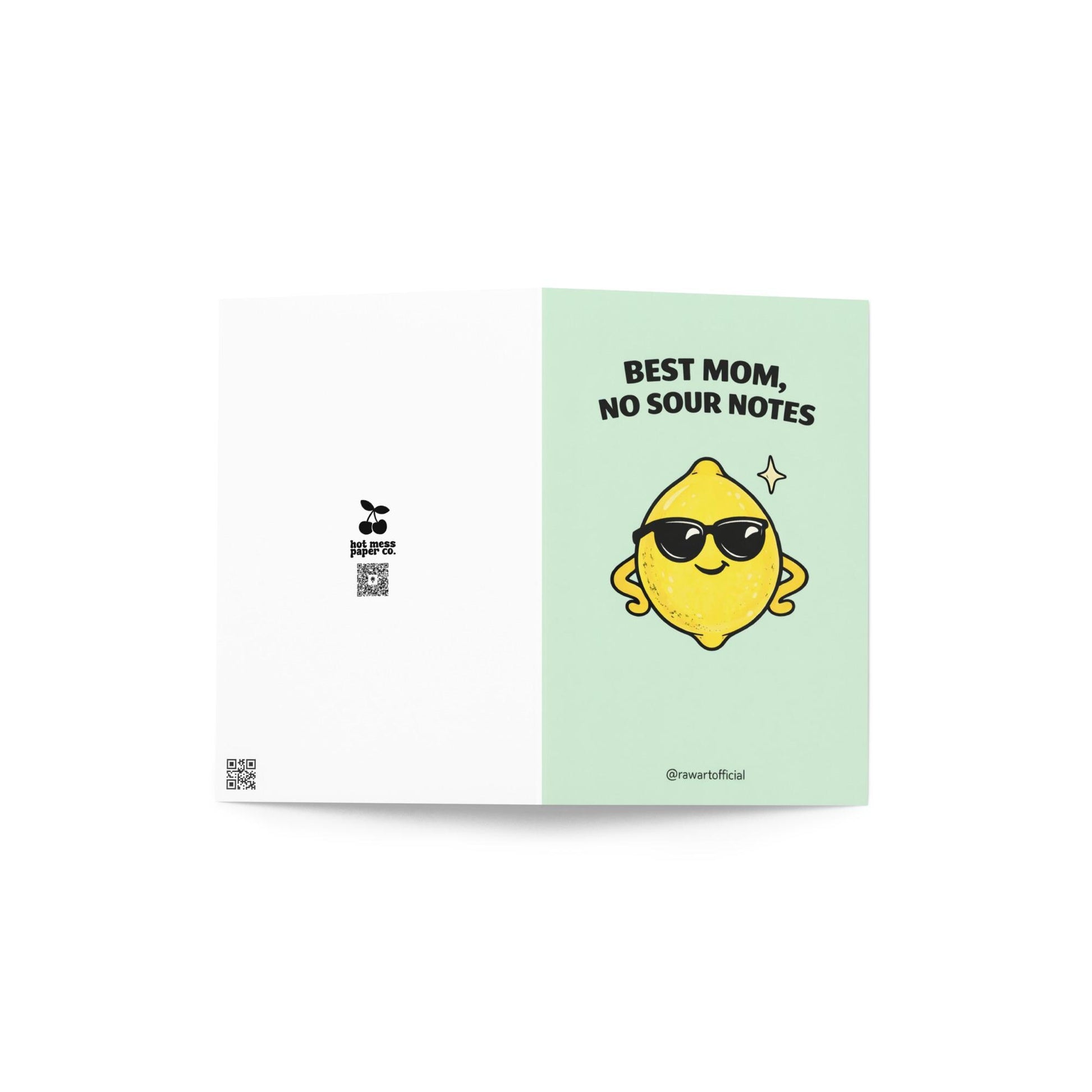 Mother’s Day card featuring a cool lemon wearing sunglasses with the text “Best Mom, No Sour Notes” on a soft green background.