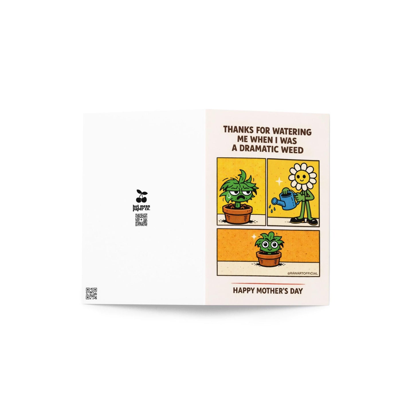 Mother’s Day card with retro comic panels showing a grumpy potted plant, a smiling flower mom watering it, and a happy thriving plant with the text “Thanks for Watering Me When I Was a Dramatic Weed” and “Happy Mother’s Day.”