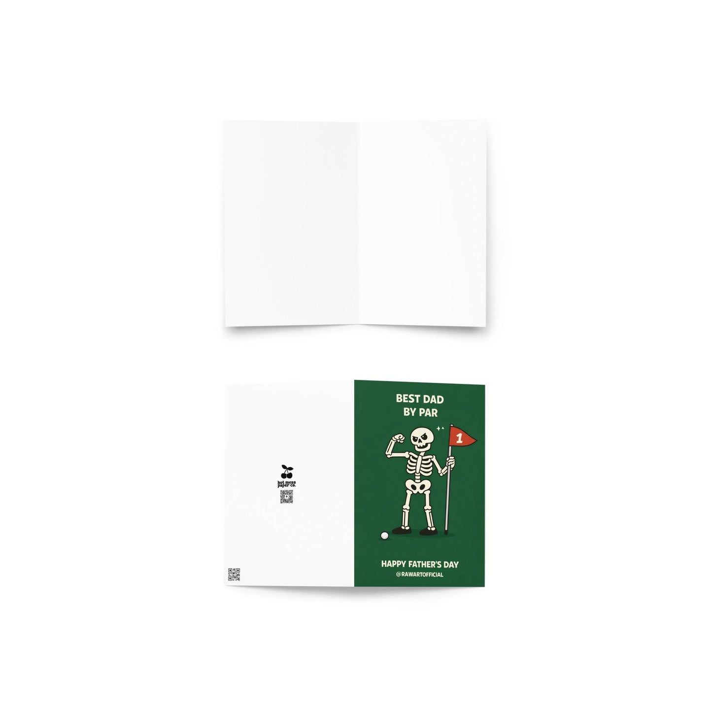 Funny Fathers Day golf dad card with skeleton holding flag and text “Best Dad by Par” on green background