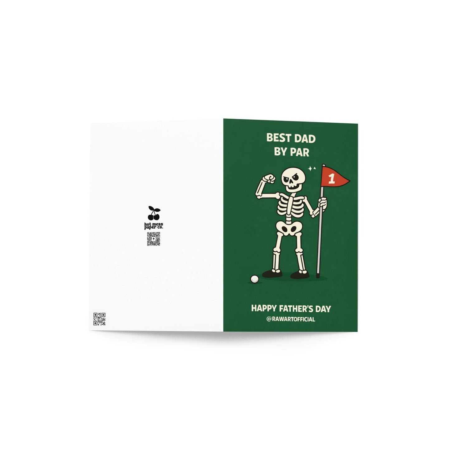 Funny Fathers Day golf dad card with skeleton holding flag and text “Best Dad by Par” on green background