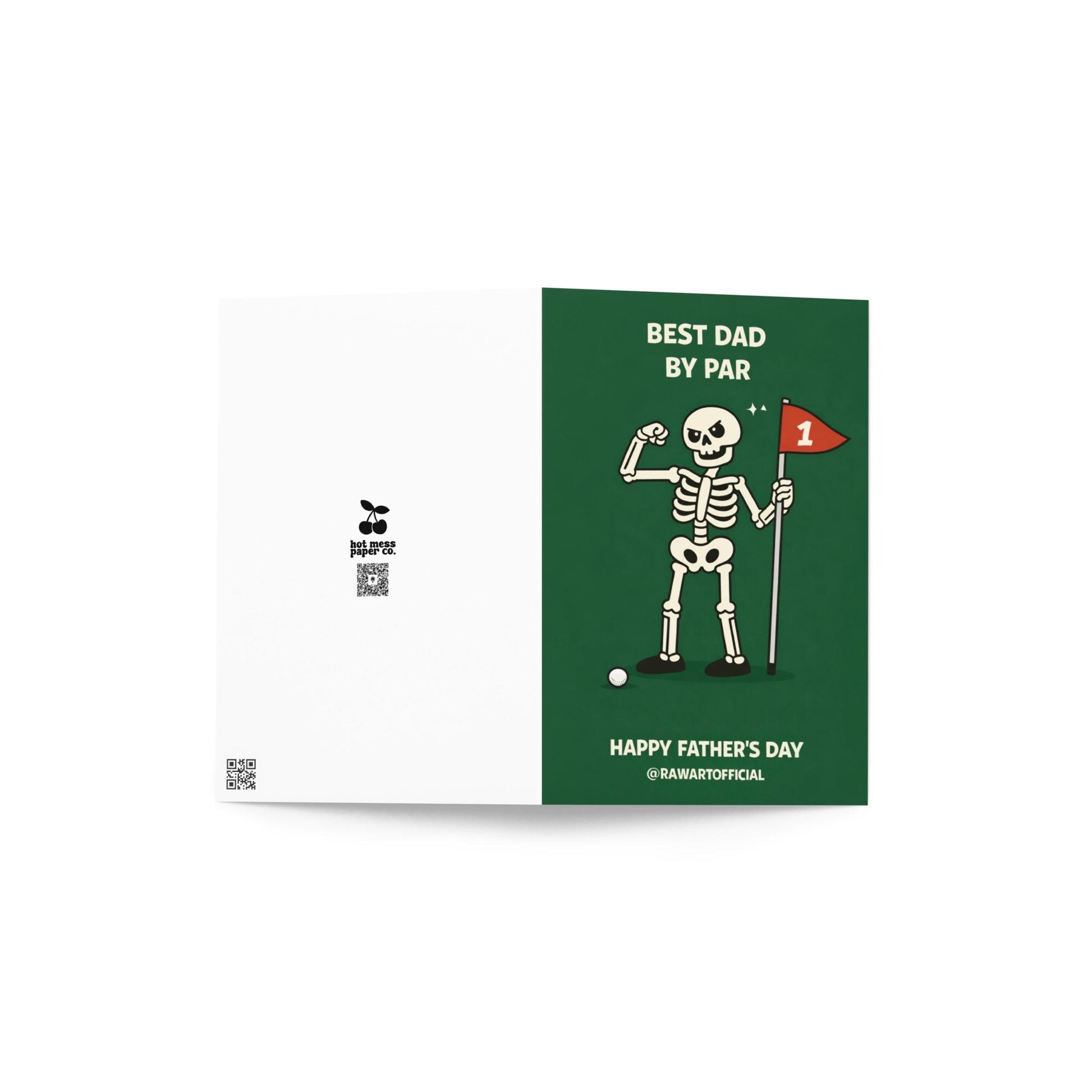 Funny Fathers Day golf dad card with skeleton holding flag and text “Best Dad by Par” on green background