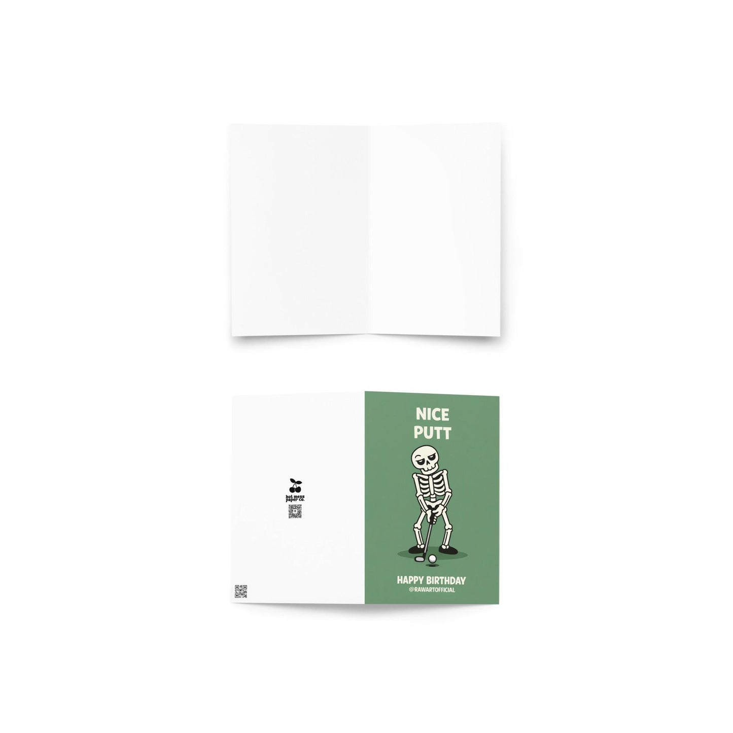 Funny golf birthday card showing a skeleton lining up a putt under the words “Nice Putt” and “Happy Birthday” on a green background.