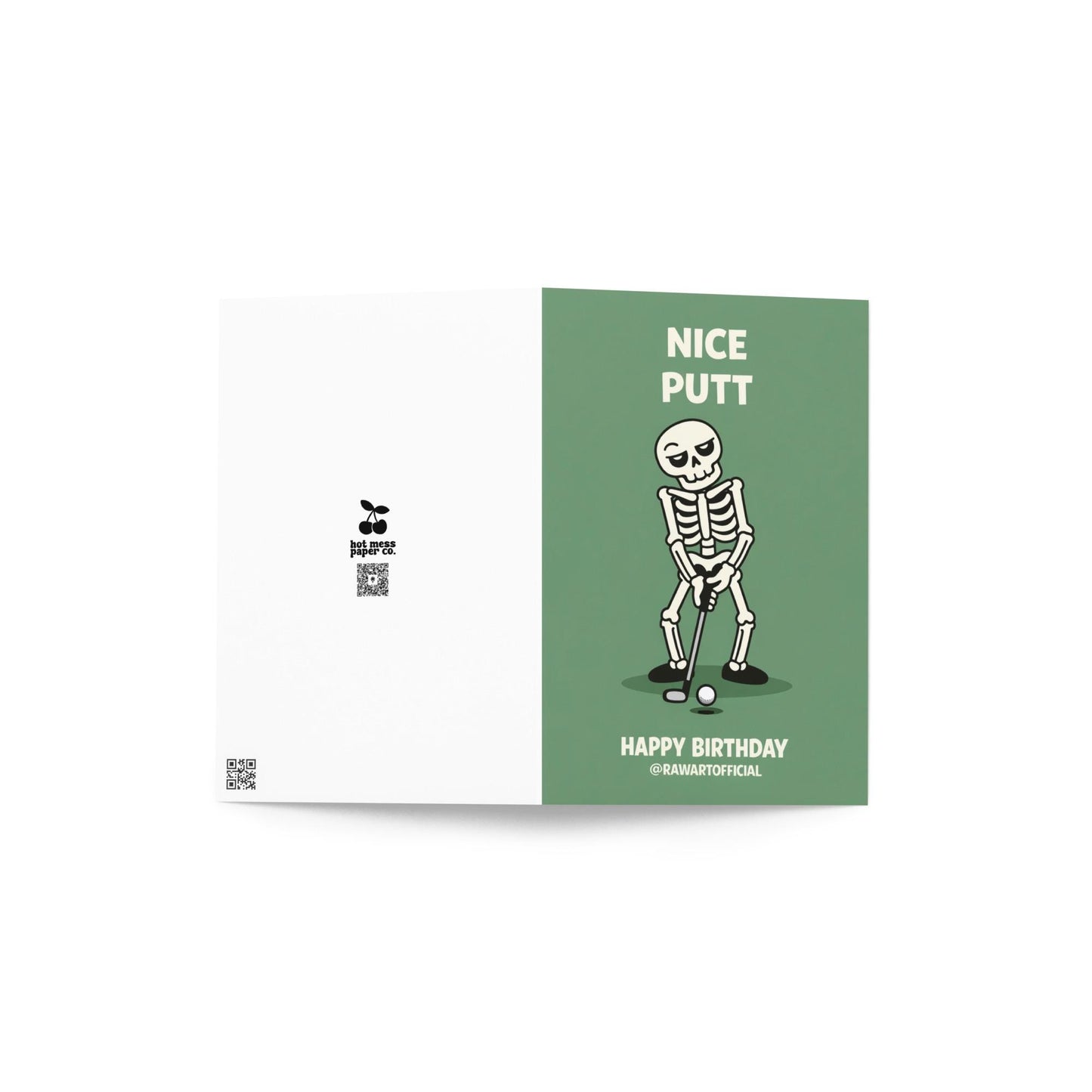 Funny golf birthday card showing a skeleton lining up a putt under the words “Nice Putt” and “Happy Birthday” on a green background.