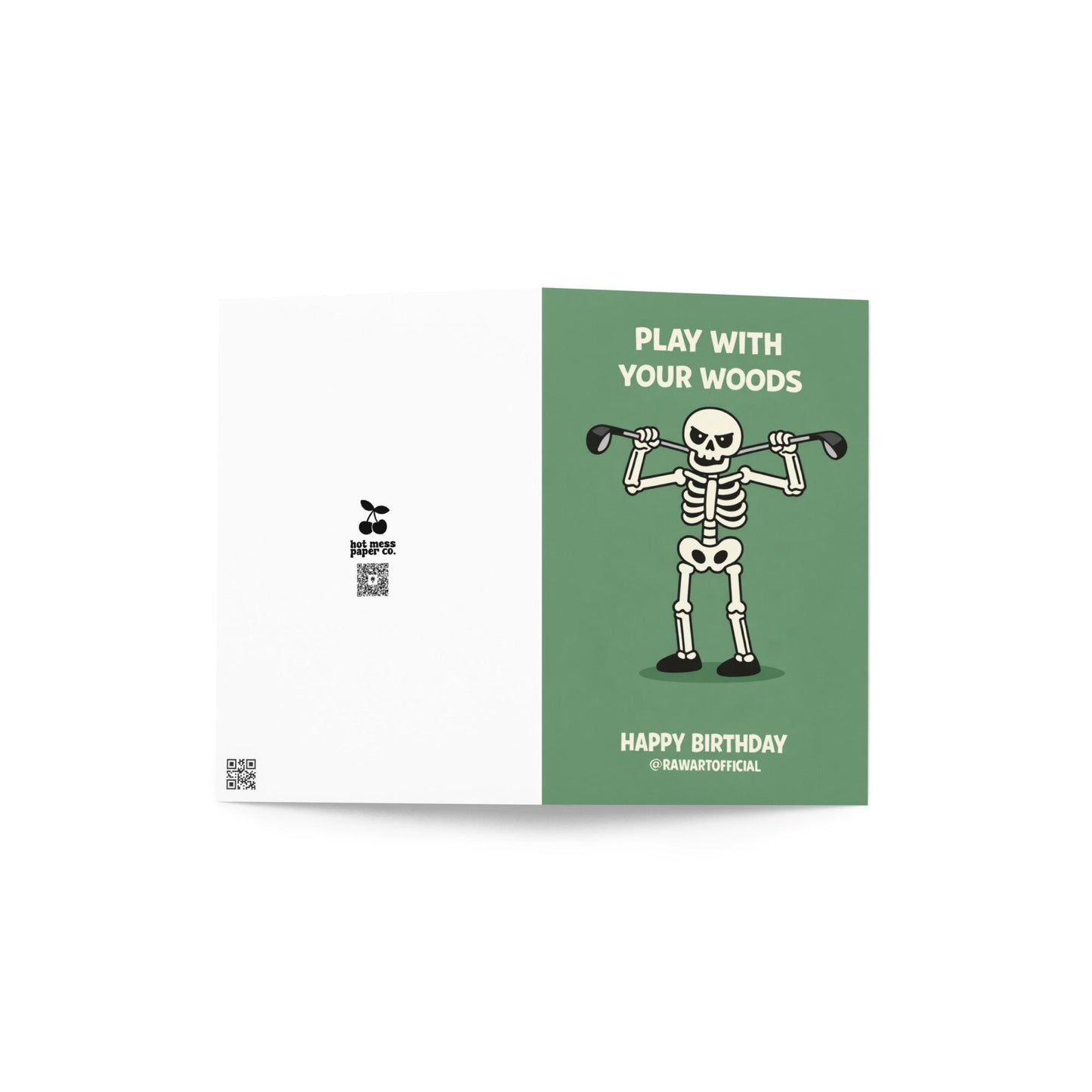 Funny golf birthday design with skeleton holding golf clubs and text “play with your woods” on green background