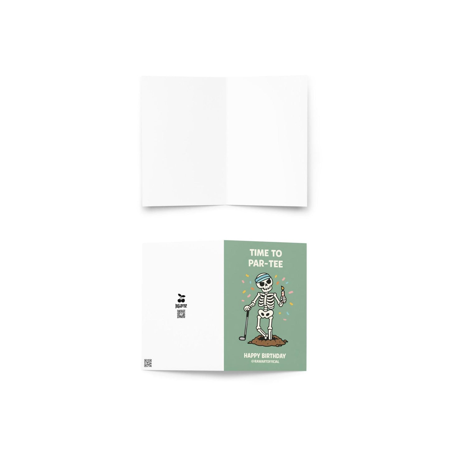 Funny golf birthday card showing a skeleton golfer with a headband holding a candle and golf club under the words “Time to Par-Tee” and “Happy Birthday” on a green background.